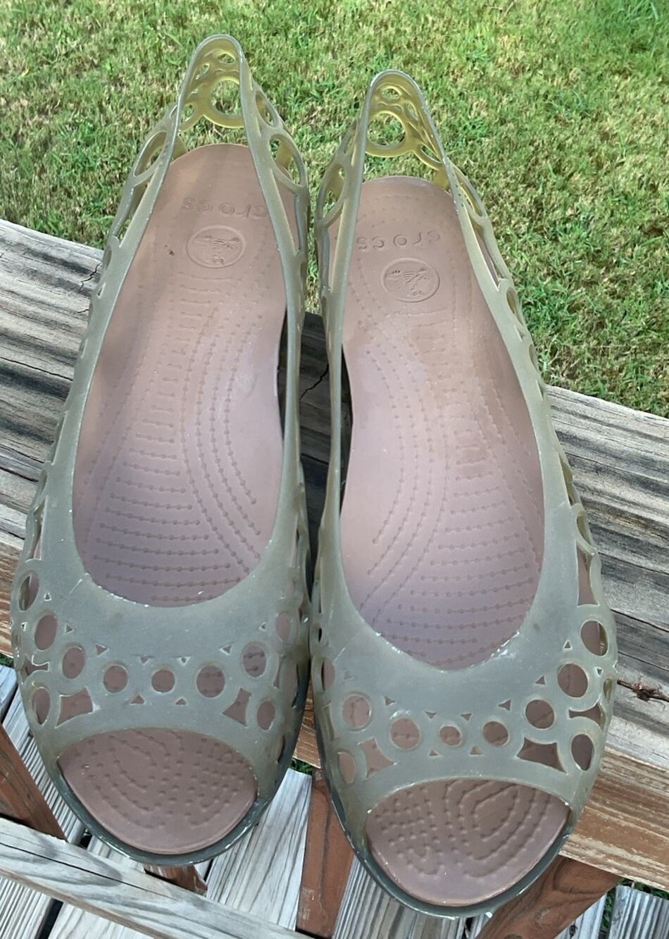 Crocs Adrina Ballet Flats Womens 11 Brown Jelly Slip-On Laser-Cut Peep Toe Shoes